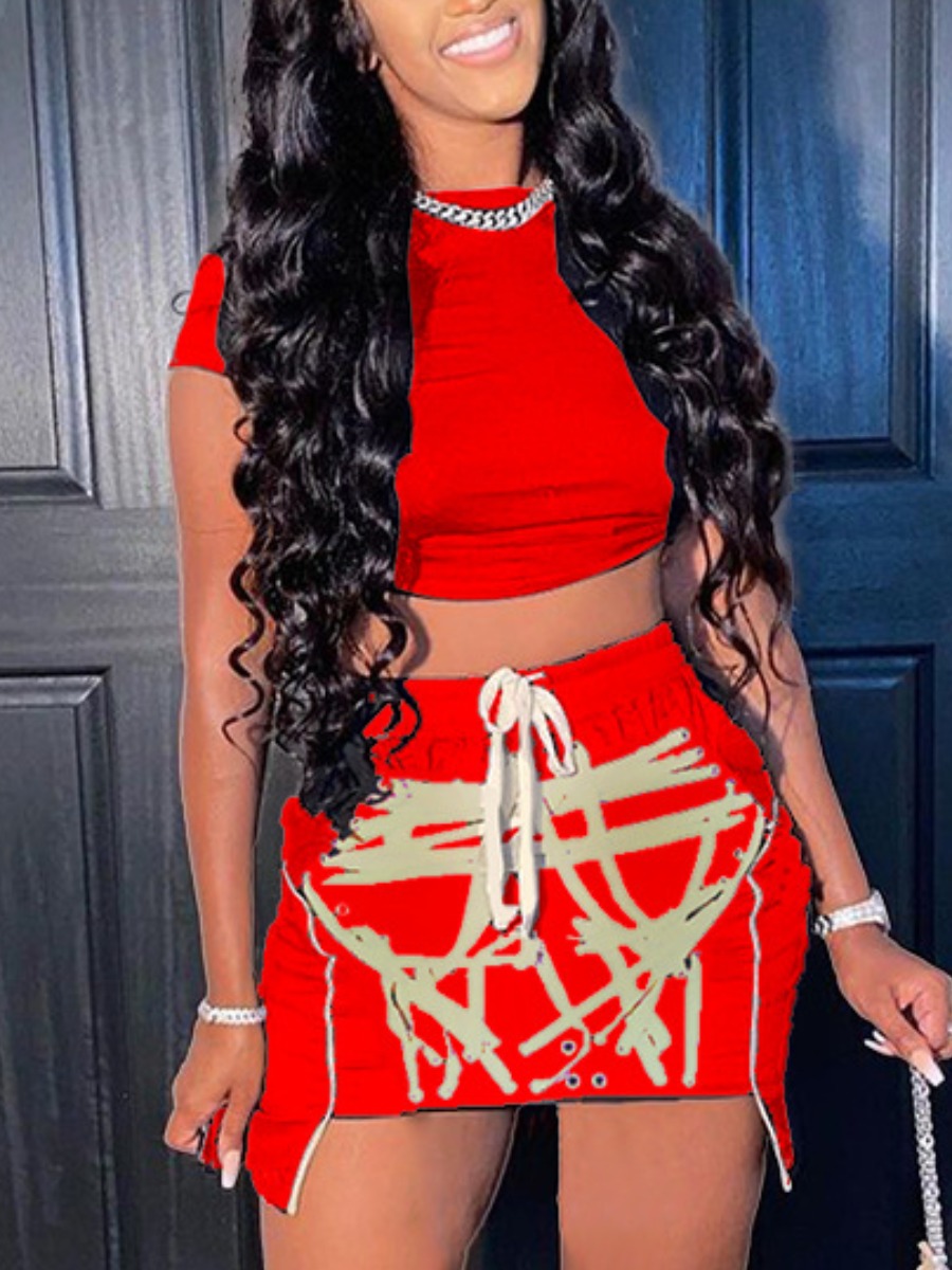 LovelyWholesale Street Drawstring Asymmetrical Red Two Piece Skirt Set Summer Short Sleeve Street Lace Up Round Neck Spring Summer 2024