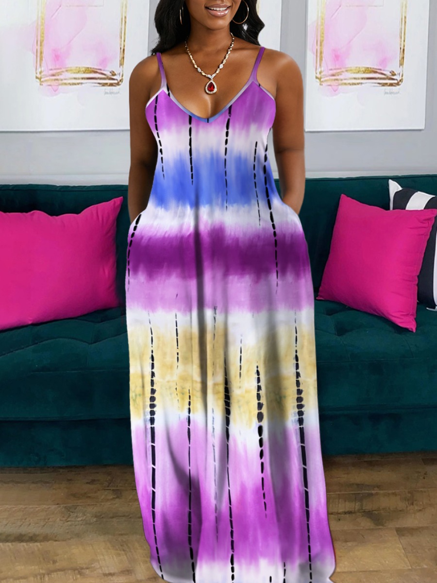 

Lovely Casual V Neck Tie-dye Light Purple Floor Length Dress