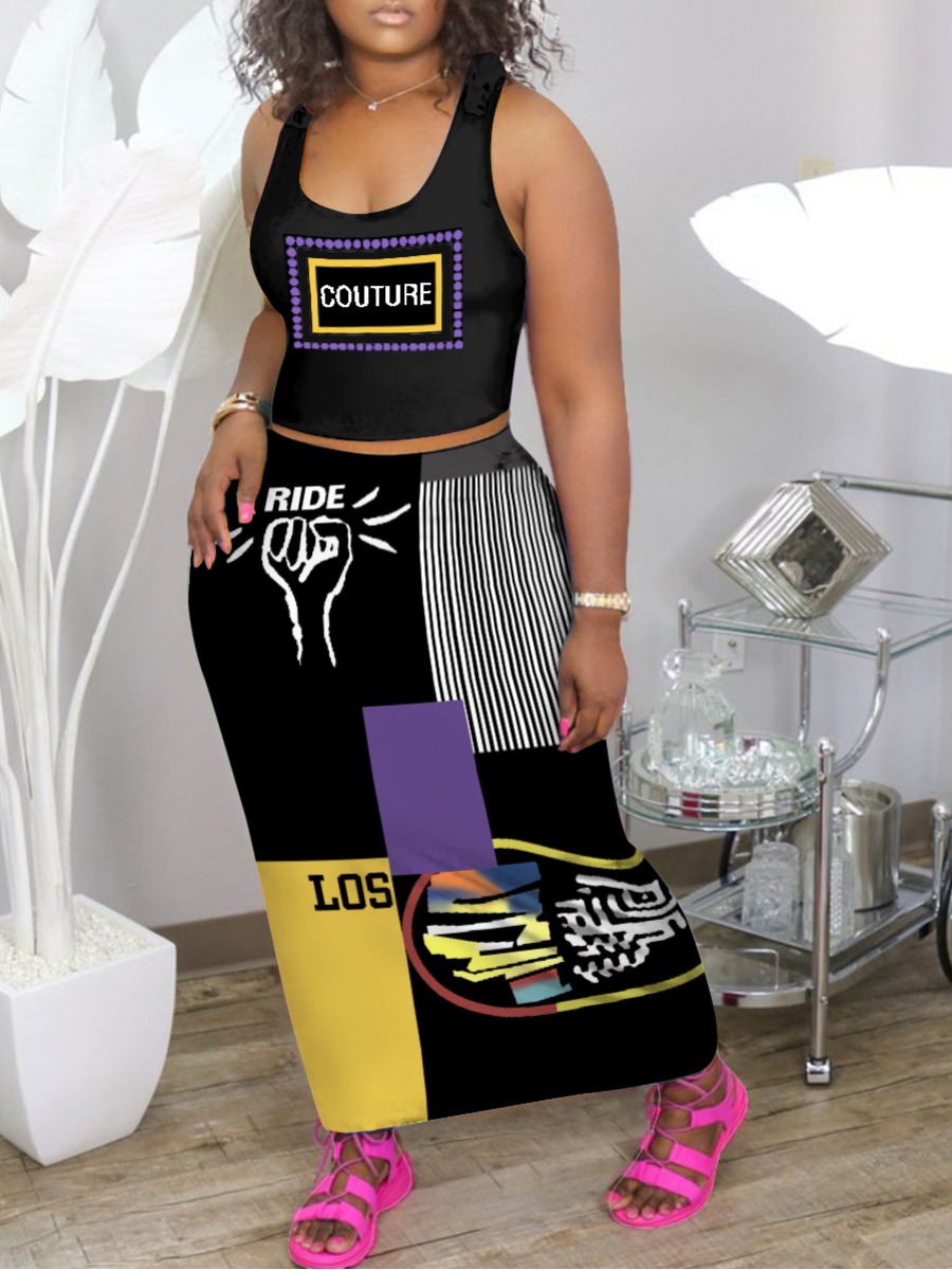 LW Casual Letter Print Patchwork Yellow Two Piece Skirt Set