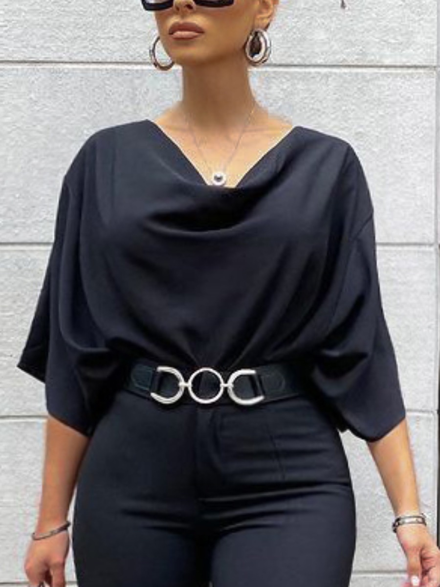 

Lovely Plus Size Casual Cowl Neck Dropped Shoulder Black T-shirt