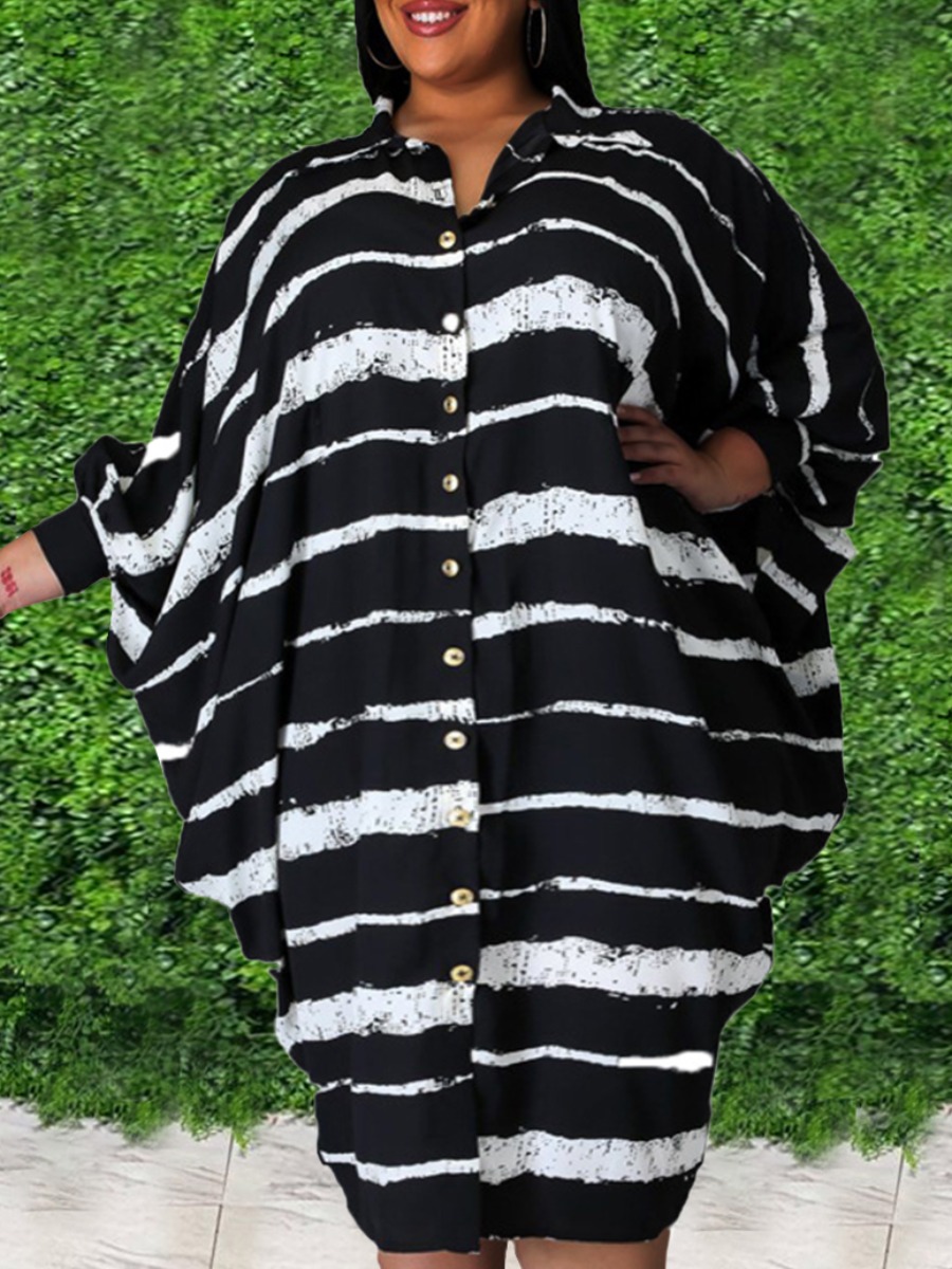 

Lovely Plus Size Casual Striped Batwing Sleeve Black Mid Calf Dress