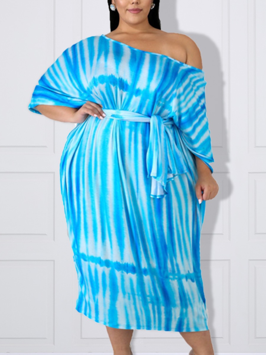 

LW Plus Size Casual Print Bandage Design Skyblue Ankle Length Dress