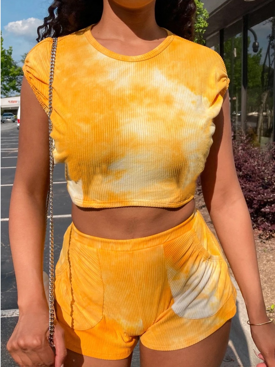 

LW Casual Tie Dye Rib-Knit Yellow Two Piece Shorts Set
