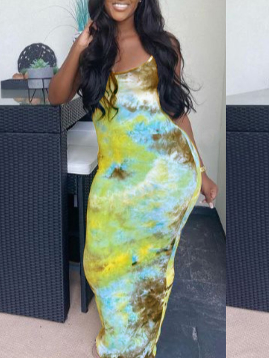 

Lovely Casual U Neck Tie-dye Yellow Floor Length Dress