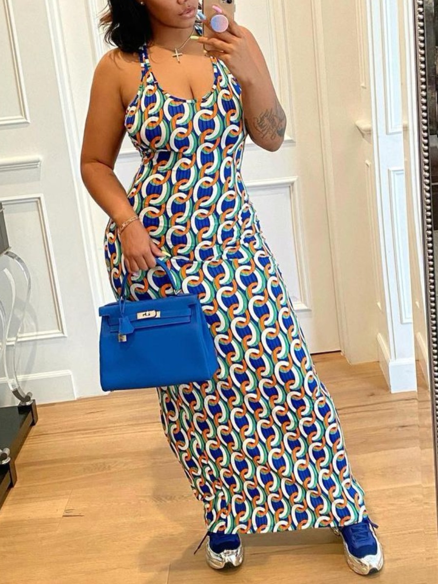 

Lovely Casual U Neck Chain Print Blue Ankle Length Dress