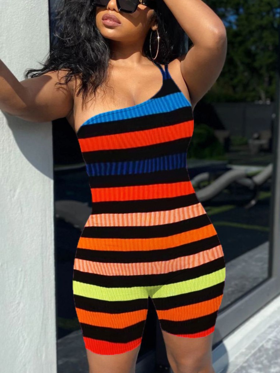 

Lovely Casual One Shoulder Striped Orange One-piece Romper