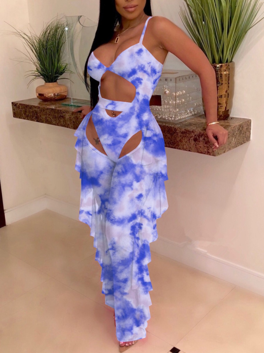 

Lovely Boho Tie-dye Hollow-out Flounce Design Blue Two-piece Swimsuit