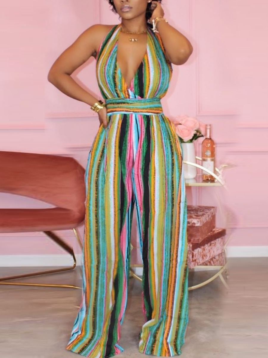 

Lovely Boho Striped Backless Multicolor One-piece Jumpsuit, Multi