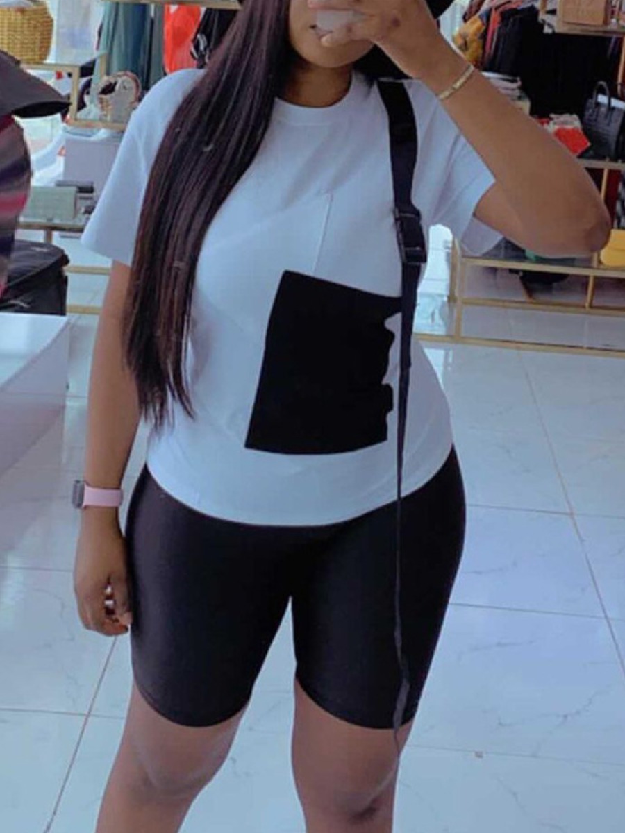 

Lovely Casual Round Neck Color-lump White Two Piece Shorts Set