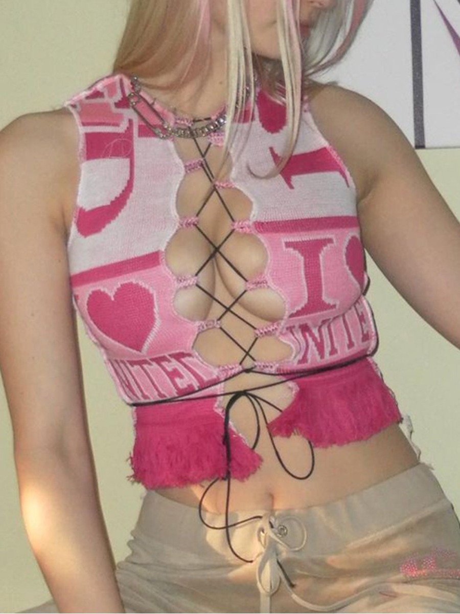 

Lovely Sexy Letter Print Bandage Hollow-out Design Rose Red Camisole