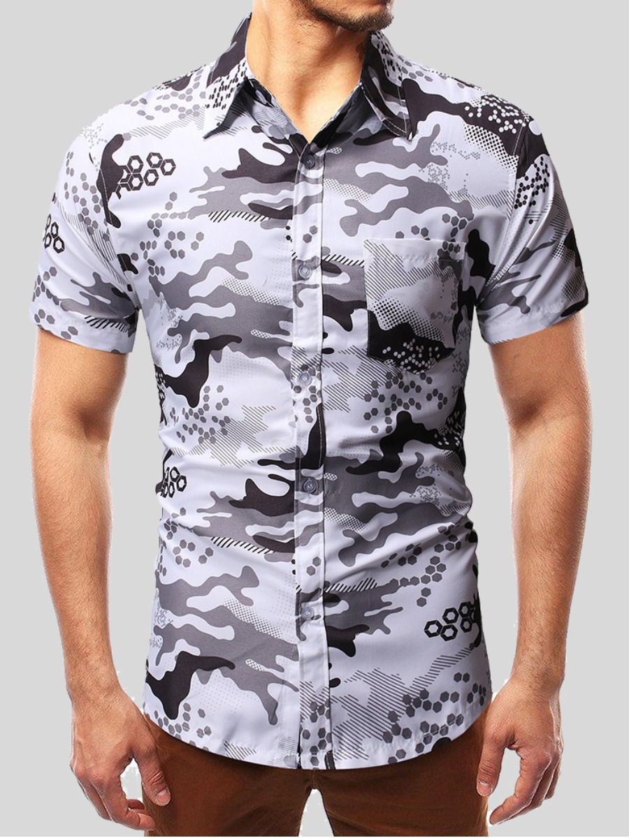 

LW Men Boho Turndown Collar Camo Print White Shirt