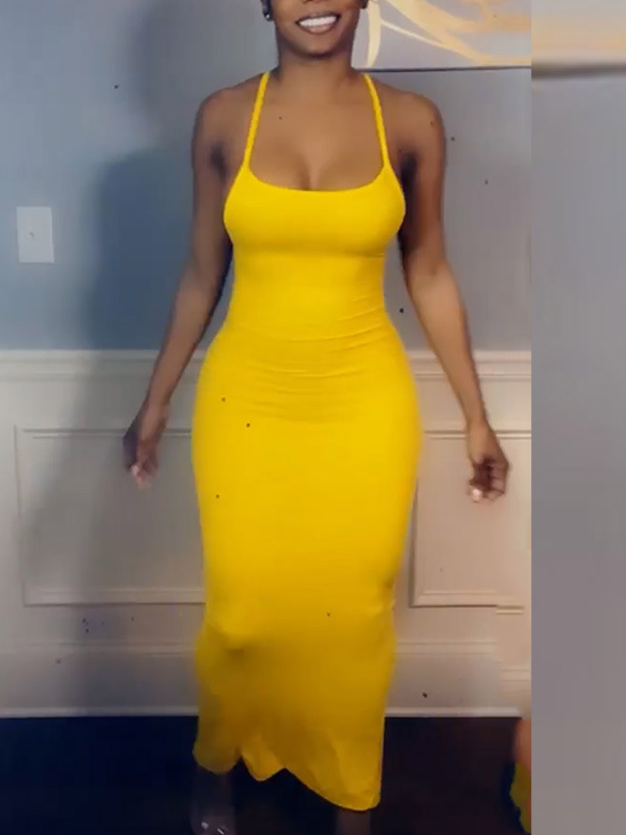 

LW SXY Casual Backless Slit Yellow Ankle Length Dress