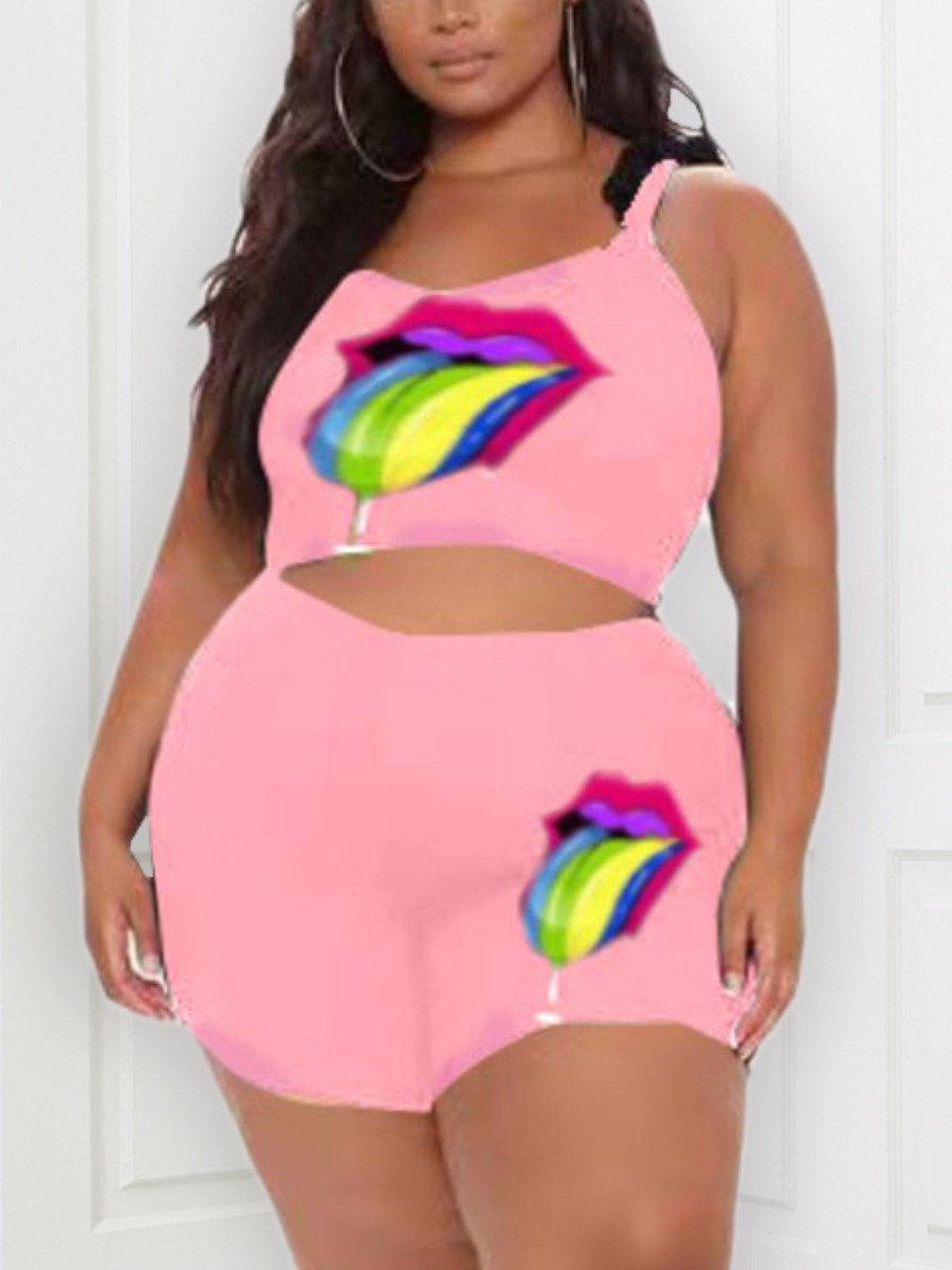 

LW Plus Size Casual U Neck Lip Print Pink Two-piece Shorts Set