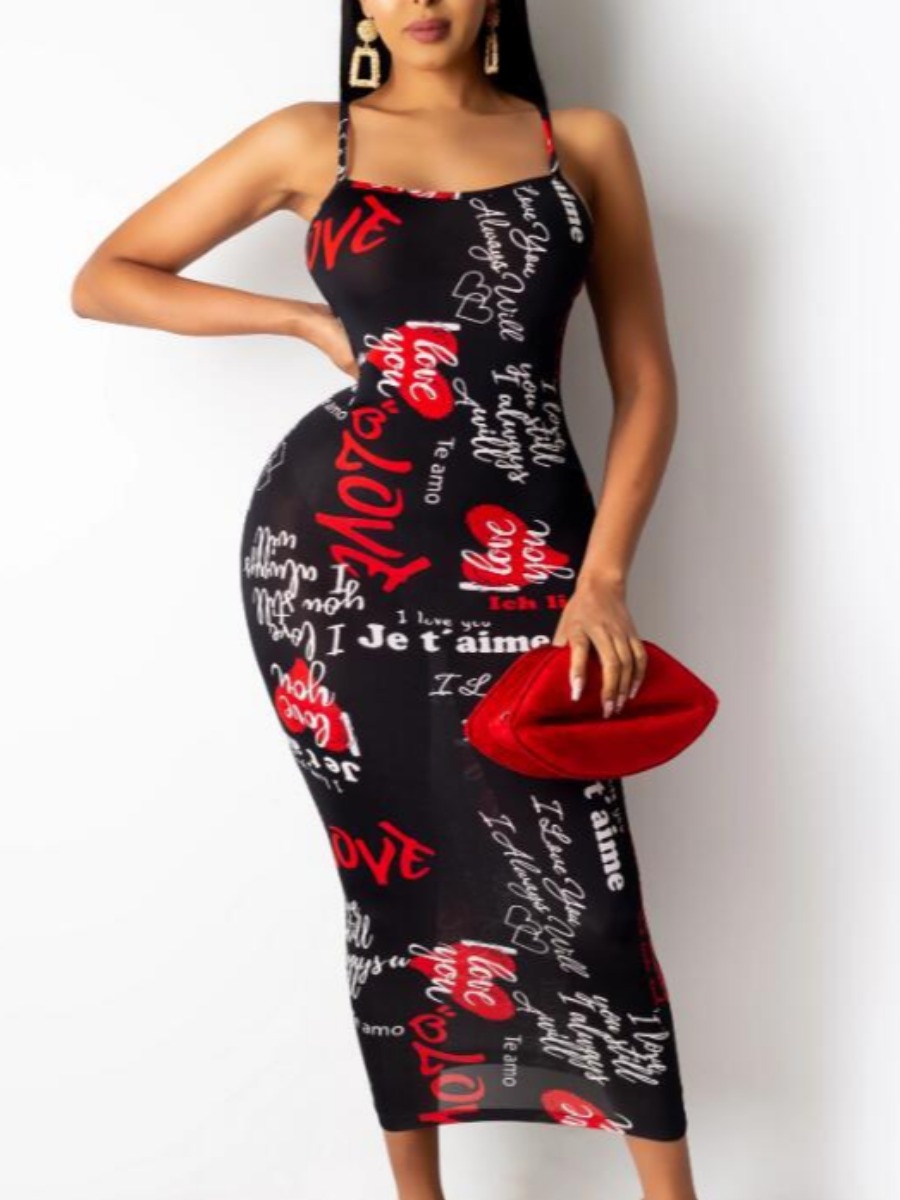 

Lovely Street Letter Print Backless Black Mid Calf Dress