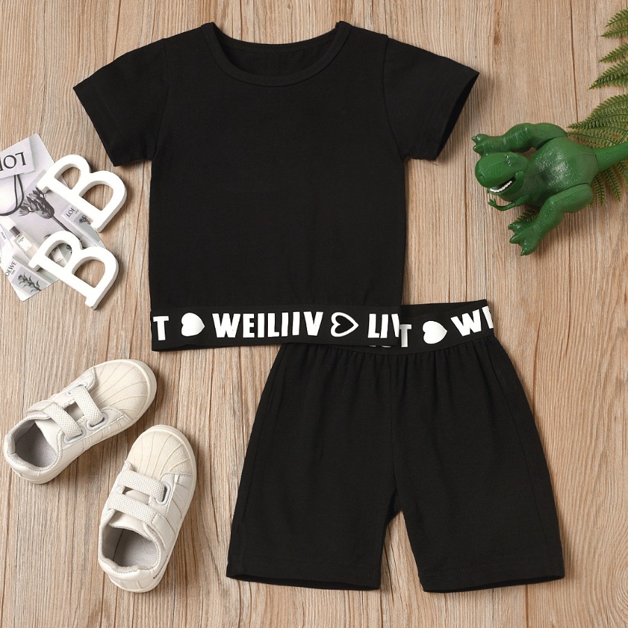 

Lovely Girl Casual Round Neck Letter Print Black Two Piece Shorts Set