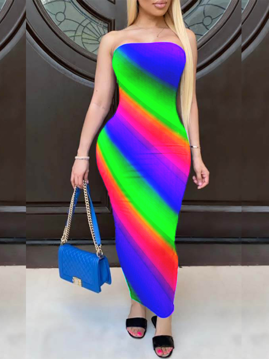 

Lovely Street Off The Shoulder Rainbow Striped Multicolor Ankle Length Dress, Multi