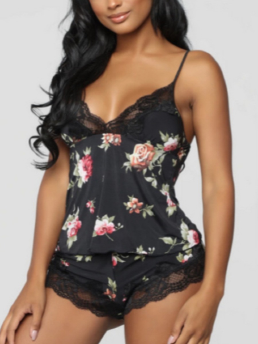 LW Casual Lace Floral Print Black Sleepwear