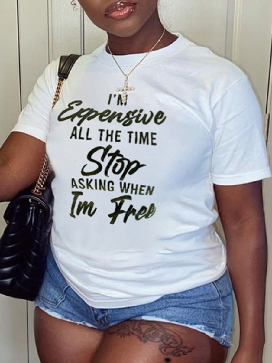 

Lovely Plus Size Casual Round Neck Letter Print White T-shirt
