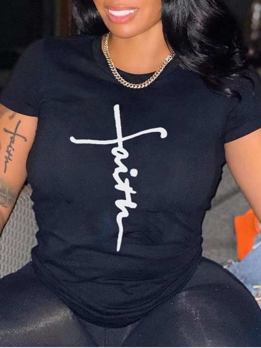 

LW BASICS Casual Round Neck Letter Print Black T-shirt