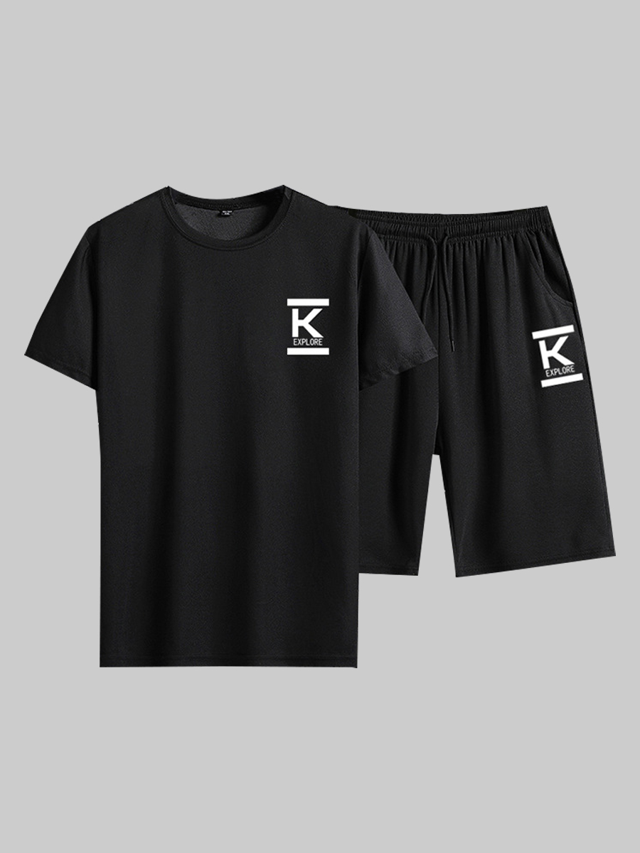 

Lovely Men Casual Letter Print Drawstring Black Two Piece Shorts Set