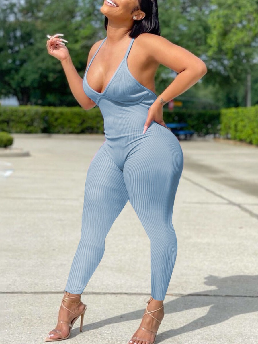 

LW SXY Backless Rib-Knit Blue One-piece Jumpsuit