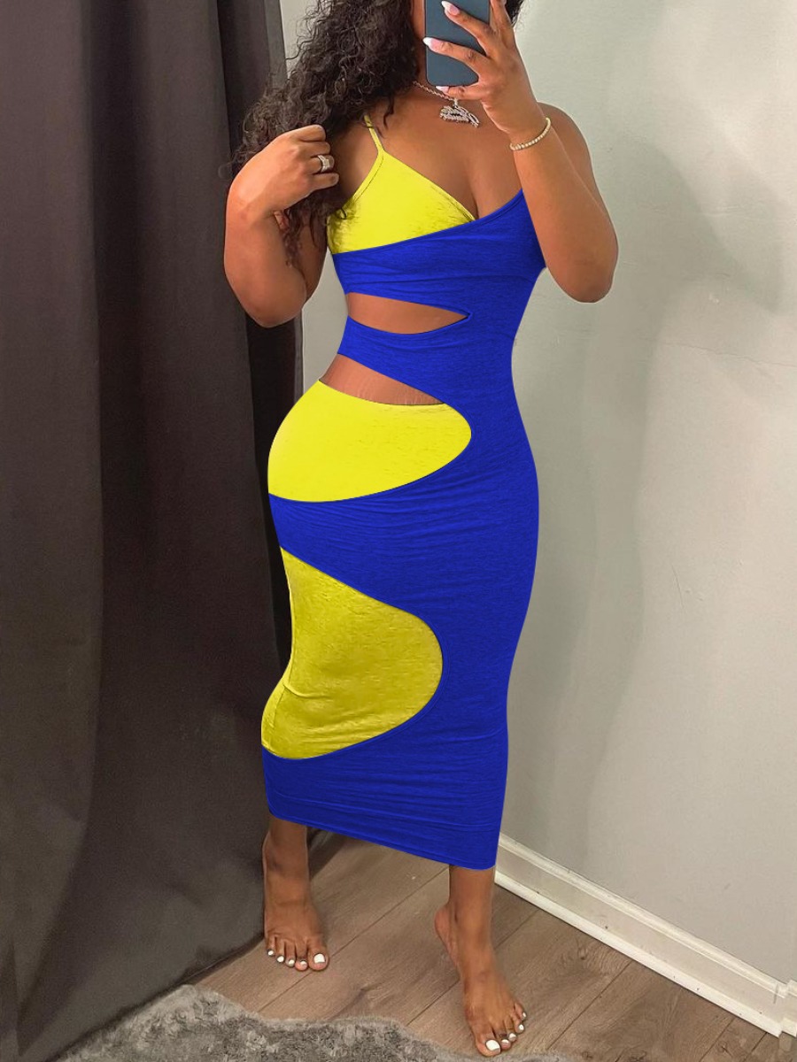 LW Street Color-lump Hollow-out Yellow Mid Calf Dress