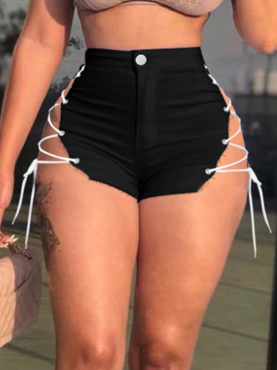 

Lovely Street Bandage Hollow-out Design Black Denim Shorts