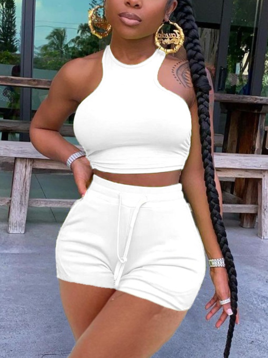 LovelyWholesale Street Round Neck Drawstring White Two Piece Shorts Set Summer Sleeveless Casual Lace Up Round Neck Spring Summer 2024