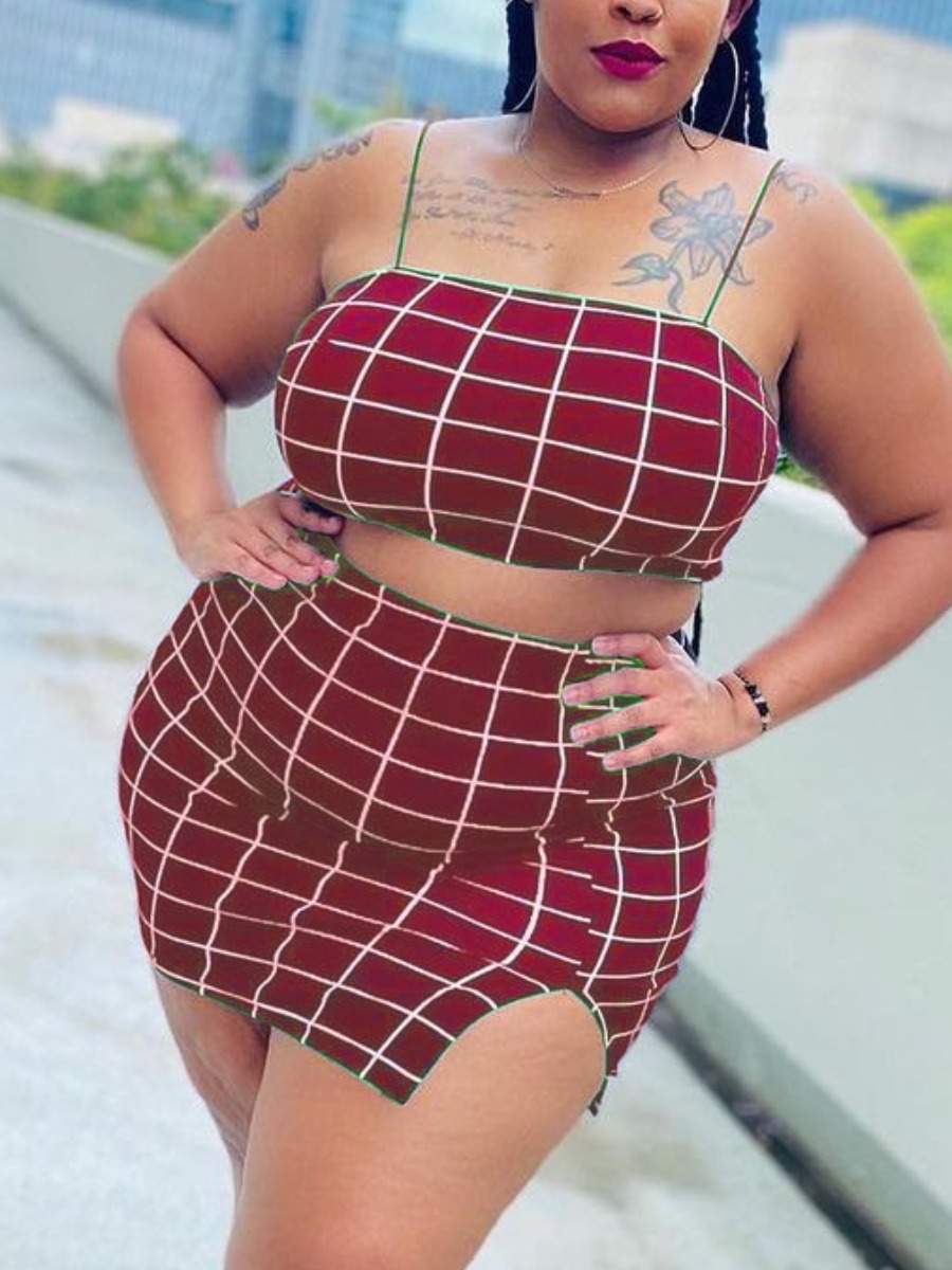 

Lovely Plus Size Boho Plaid Print Slit Red Two-piece Skirt Set