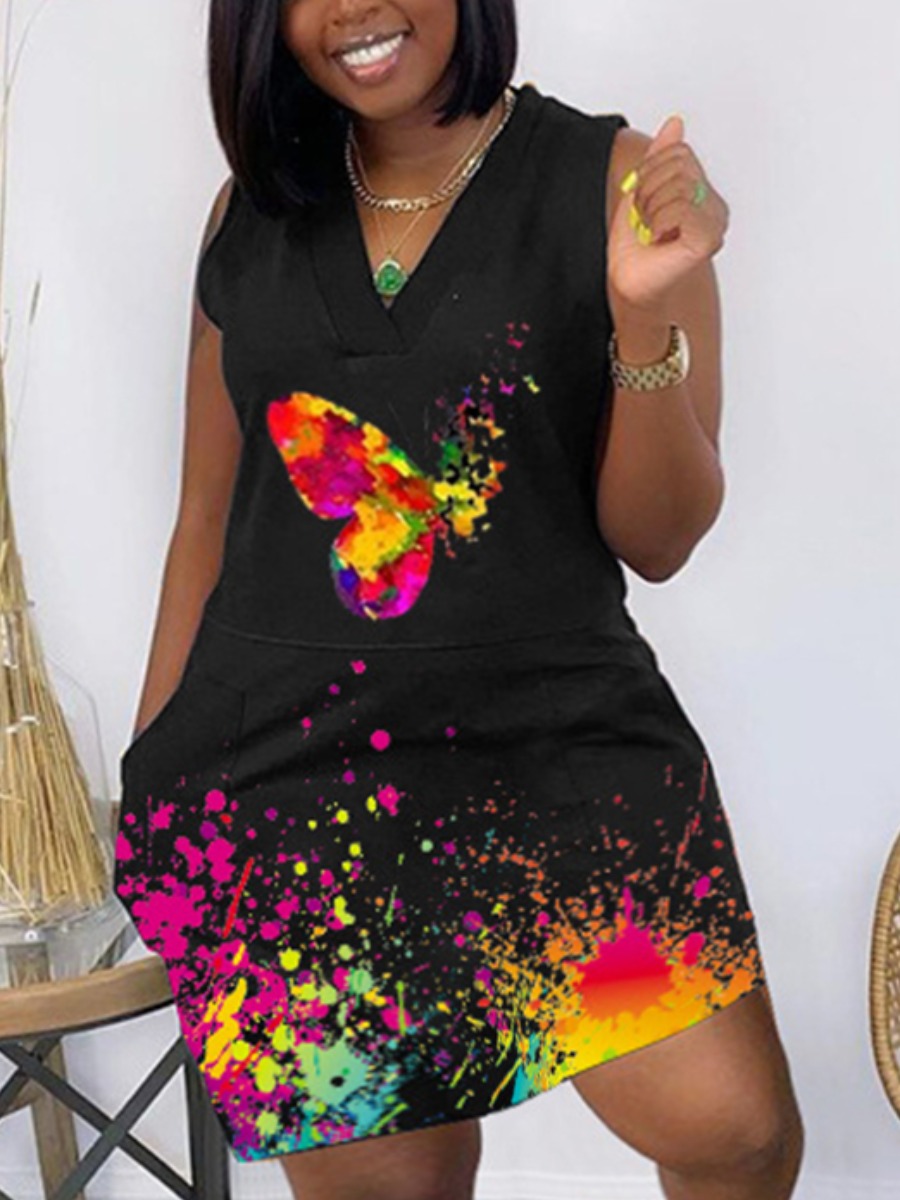 

Lovely Plus Size Street V Neck Splash-ink Design Pitch-black Knee Length Dress