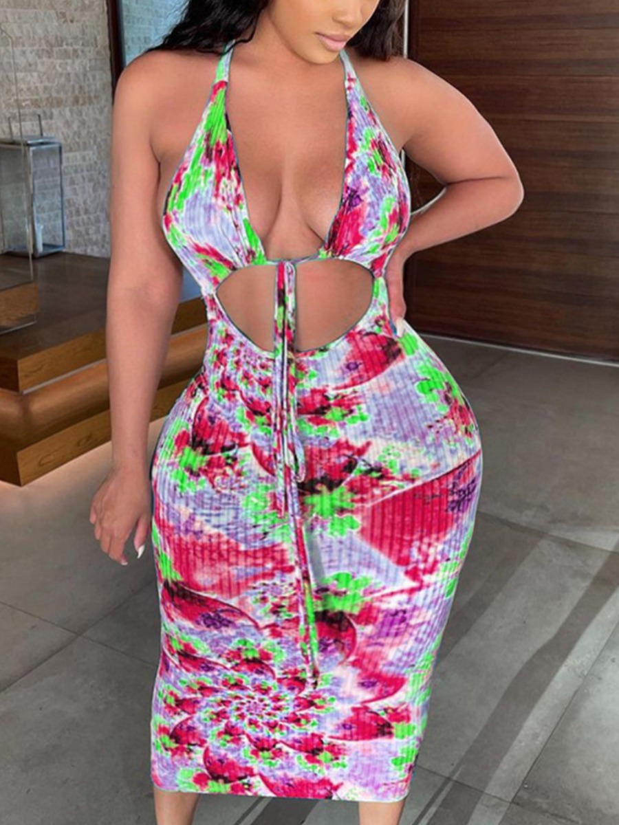 

Lovely Plus Size Street Tie-dye Backless Red Mid Calf Dress