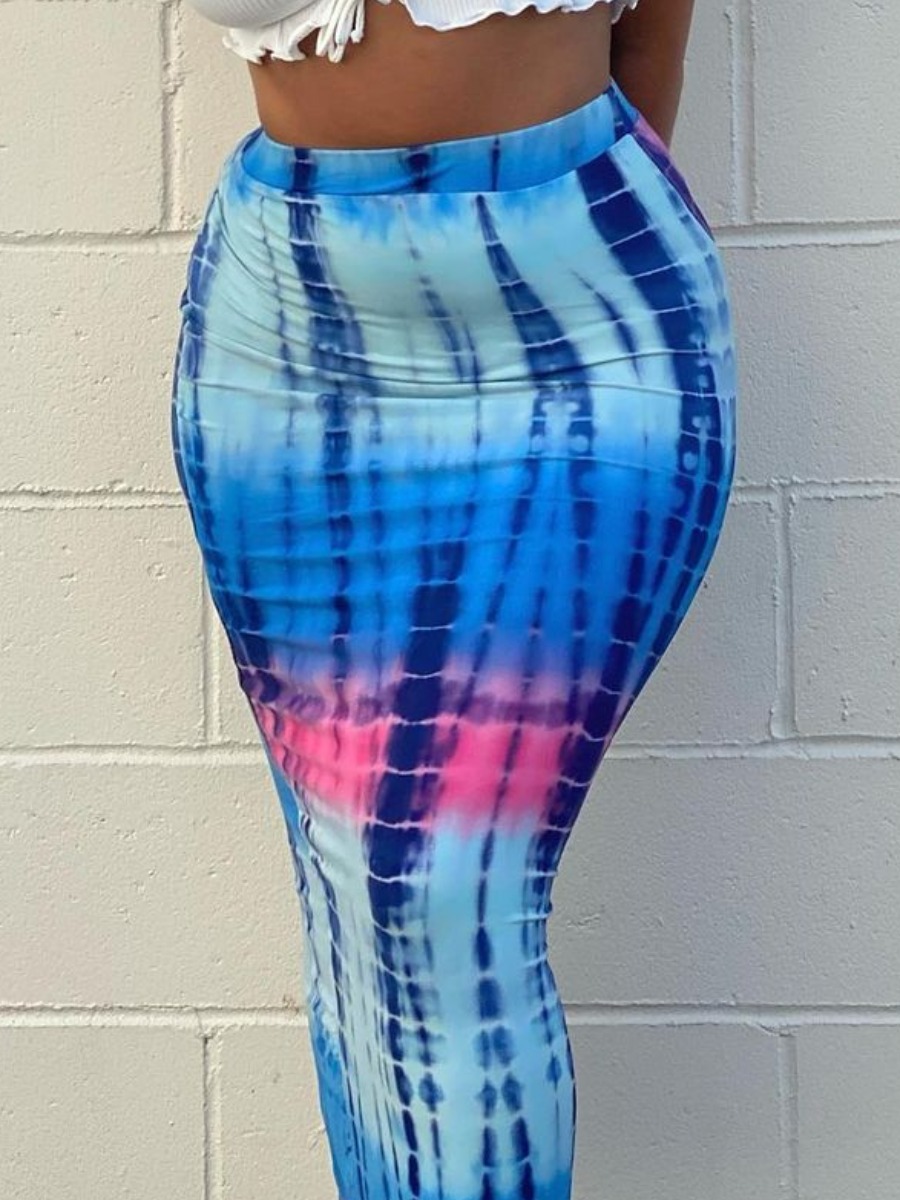 

Lovely Sexy Tie Dye High-waisted Blue Mid Calf Skirt