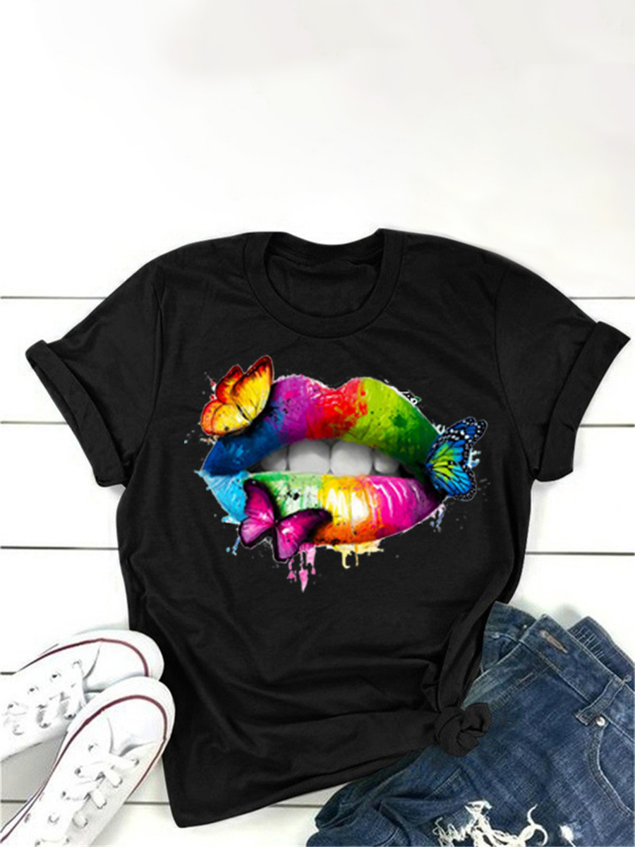 

Lovely Plus Size Casual Butterfly Lip Print Black T-shirt