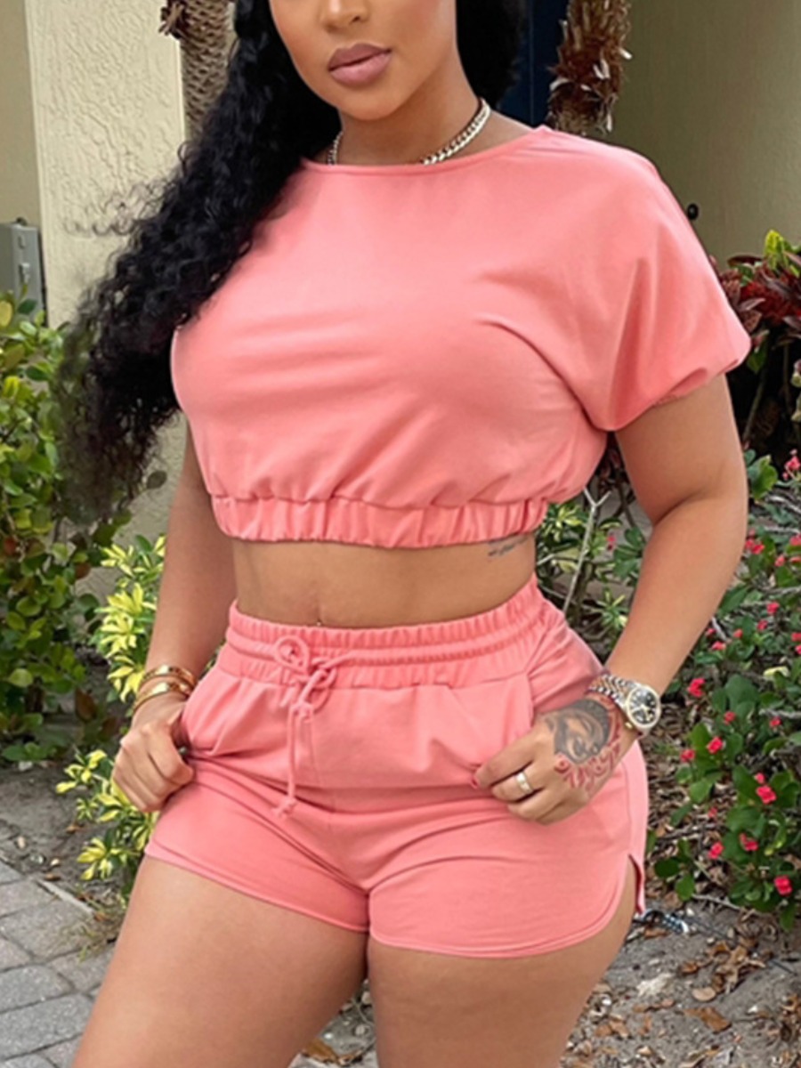 

LW Casual Round Neck Drawstring Pink Two Piece Shorts Set
