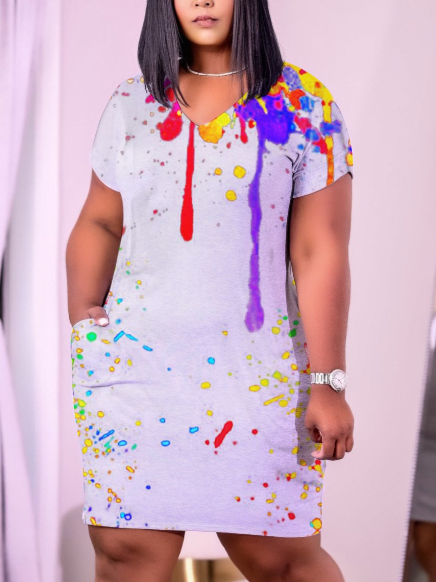 

LW Plus Size Casual V Neck Splash-ink Design Grey Knee Length Dress
