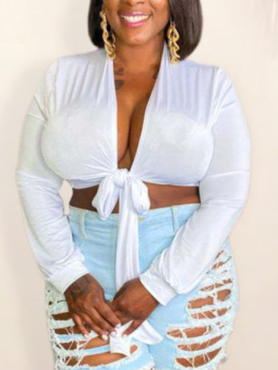 

LW Plus Size Casual V Neck Bandage Design White Blouse