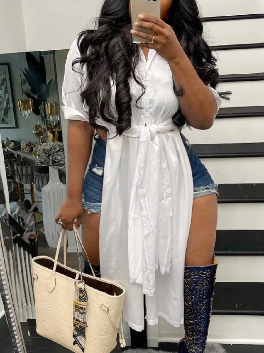 

LW BASICS Plus Size Casual Split Bandage Design White Blouse