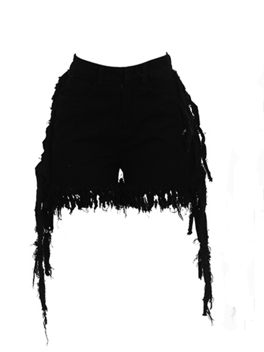 LW Casual O Neck Print Tassel Design Black Two-piece Shorts Set