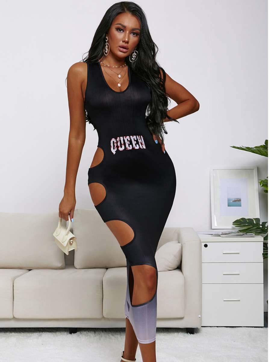 

LW Casual Gradient Letter Print Hollow-out Black Ankle Length Dress
