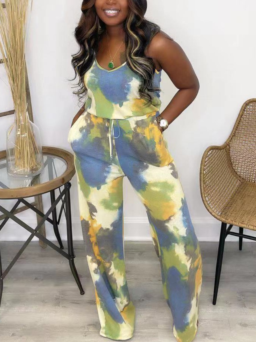 

LW Casual Tie-dye Drawstring Yellow One-piece Jumpsuit