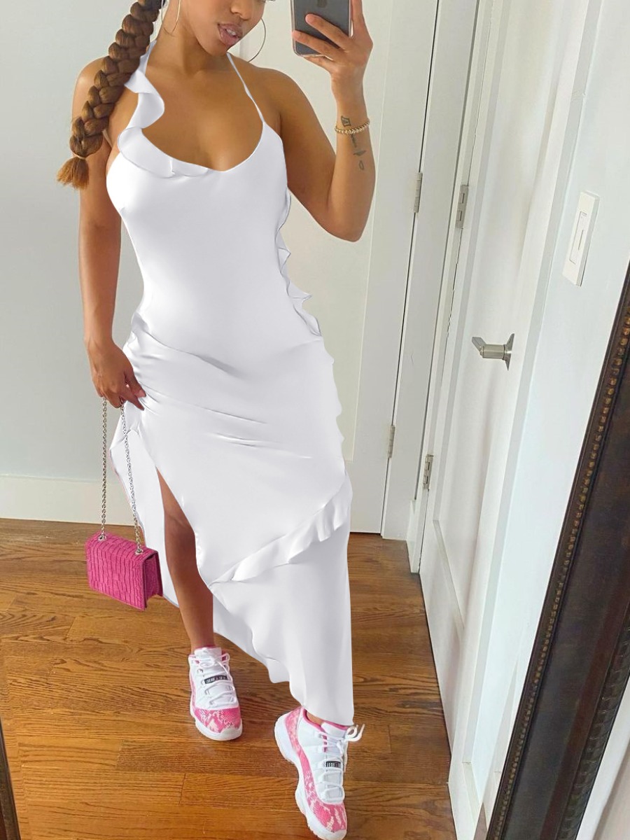 

Lovely Sweet Flounce Design Slit White Ankle Length Dress