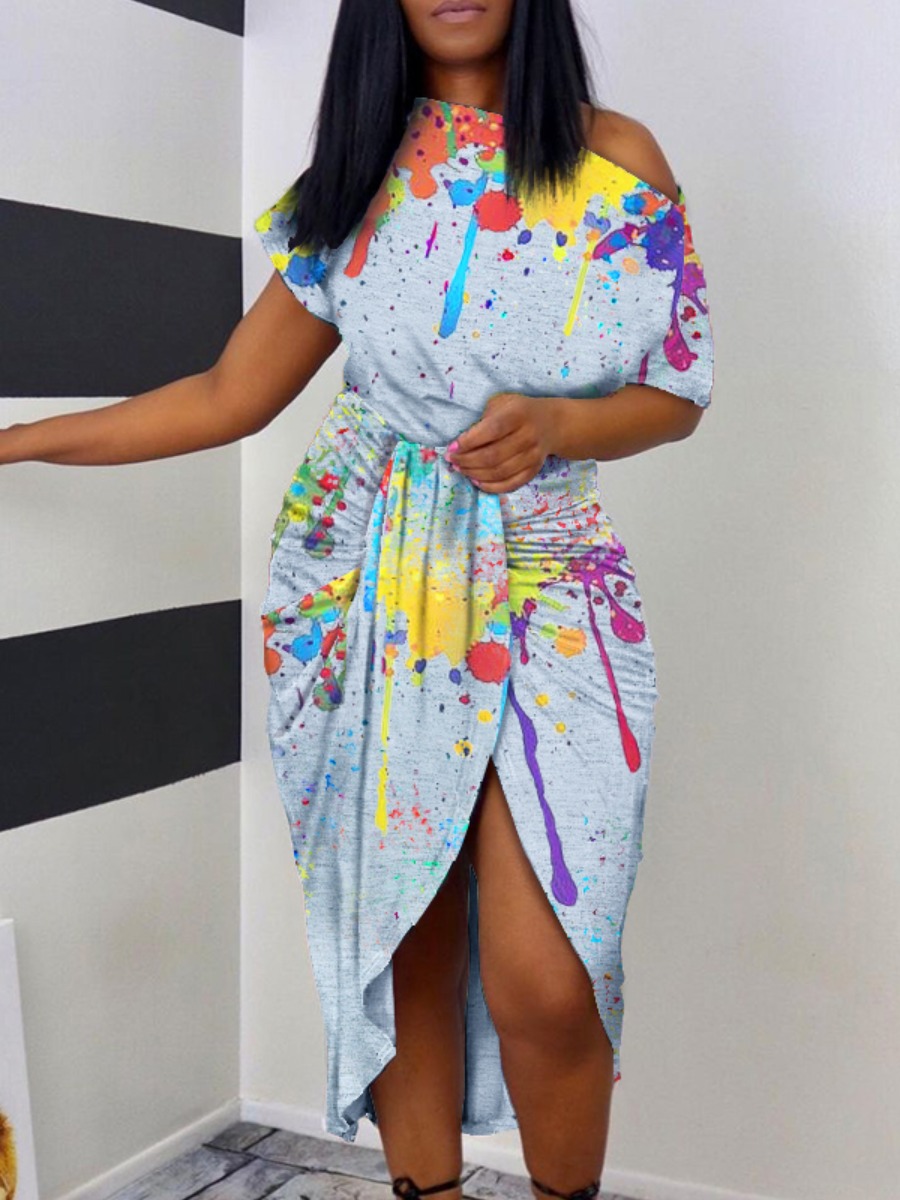 

Lovely Casual Splash-ink Fold Design Grey Knee Length Dress