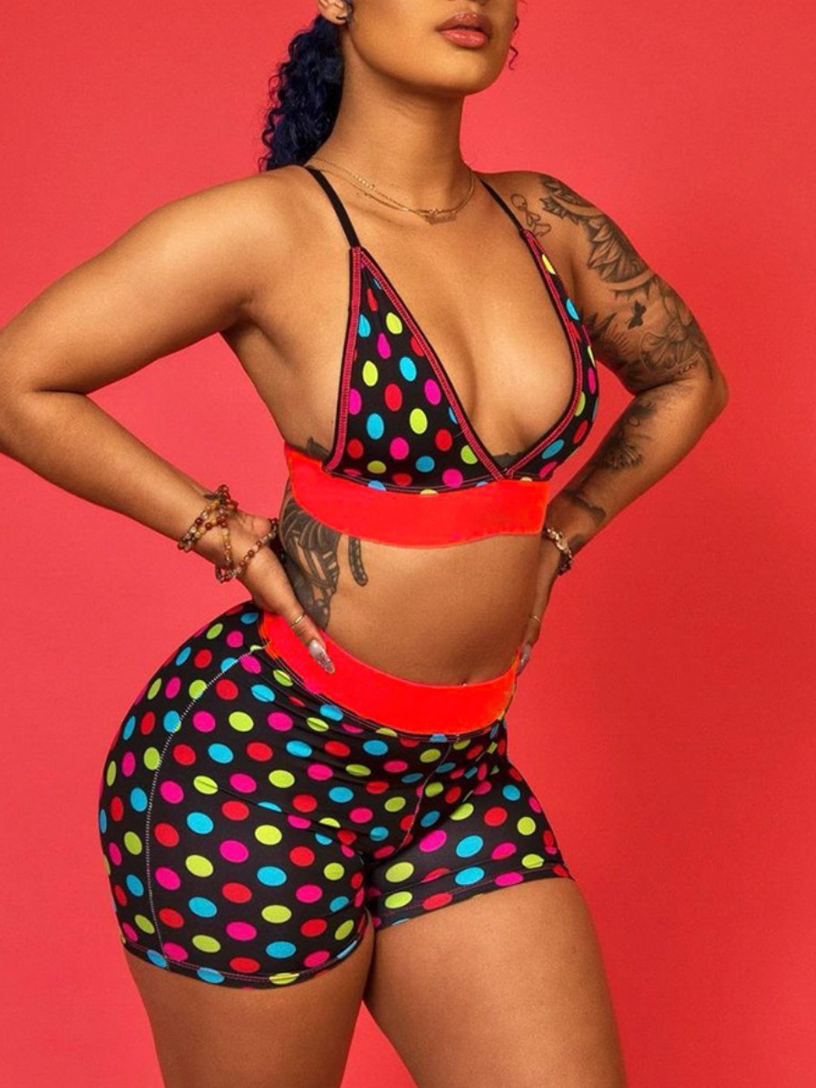 

Lovely Boho V Neck Dot Print Multicolor Two-piece Swimsuit, Multi