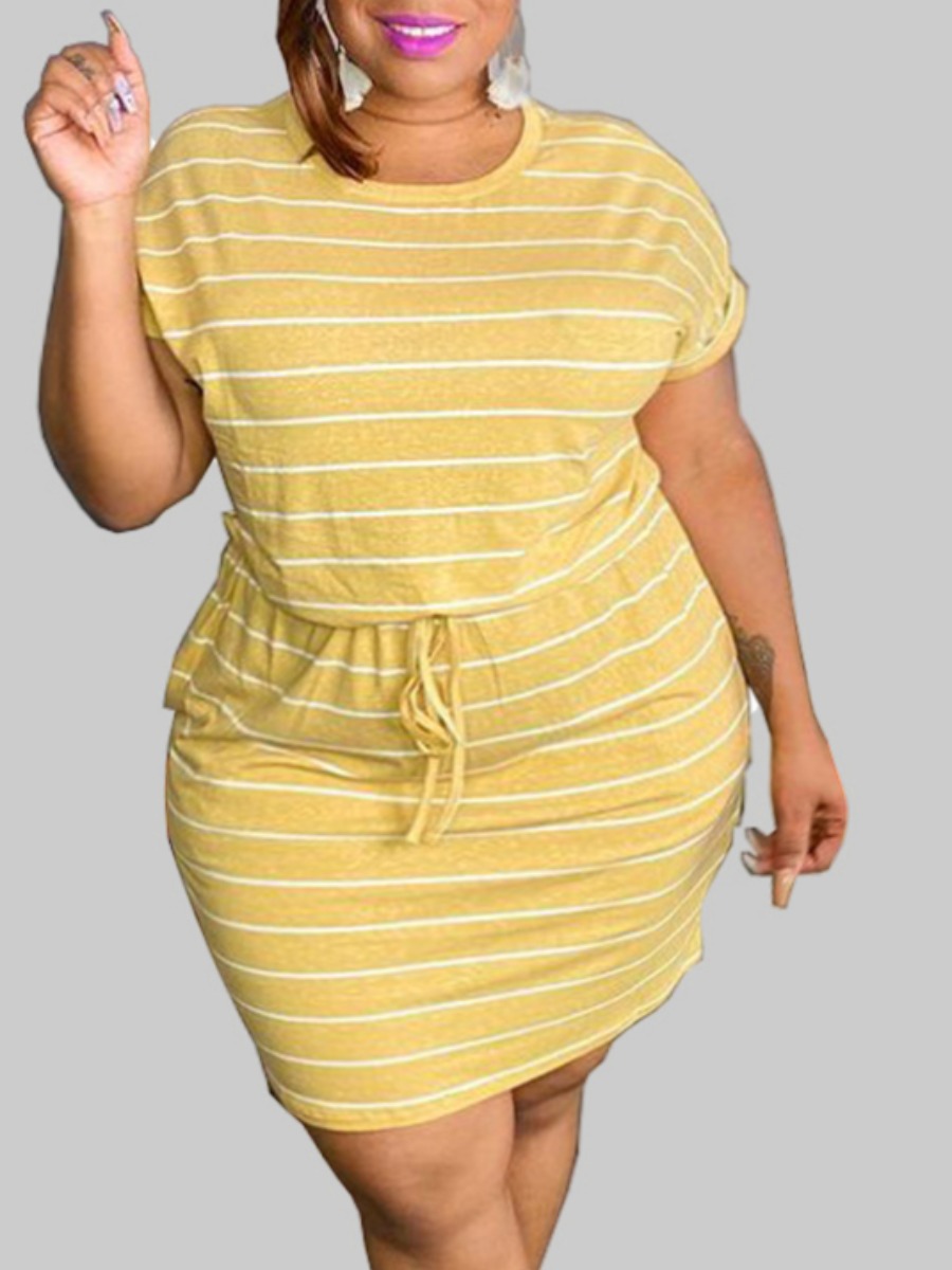 

Lovely Plus Size Casual Striped Drawstring Yellow Knee Length Dress