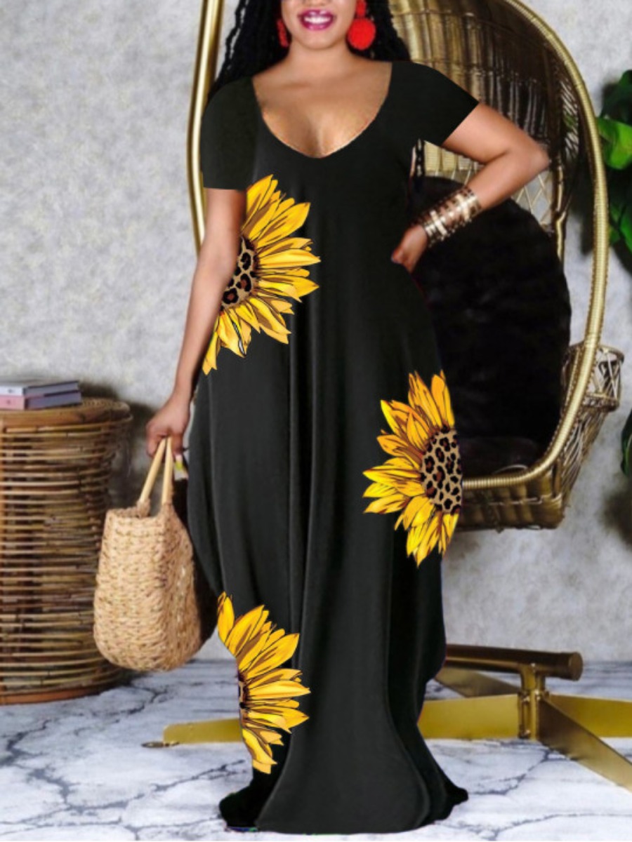 LovelyWholesale Plus Size U Neck Sunflower Print Dress Summer Short Sleeve Casual Sunflower U Neck  3X Spring Summer 2024