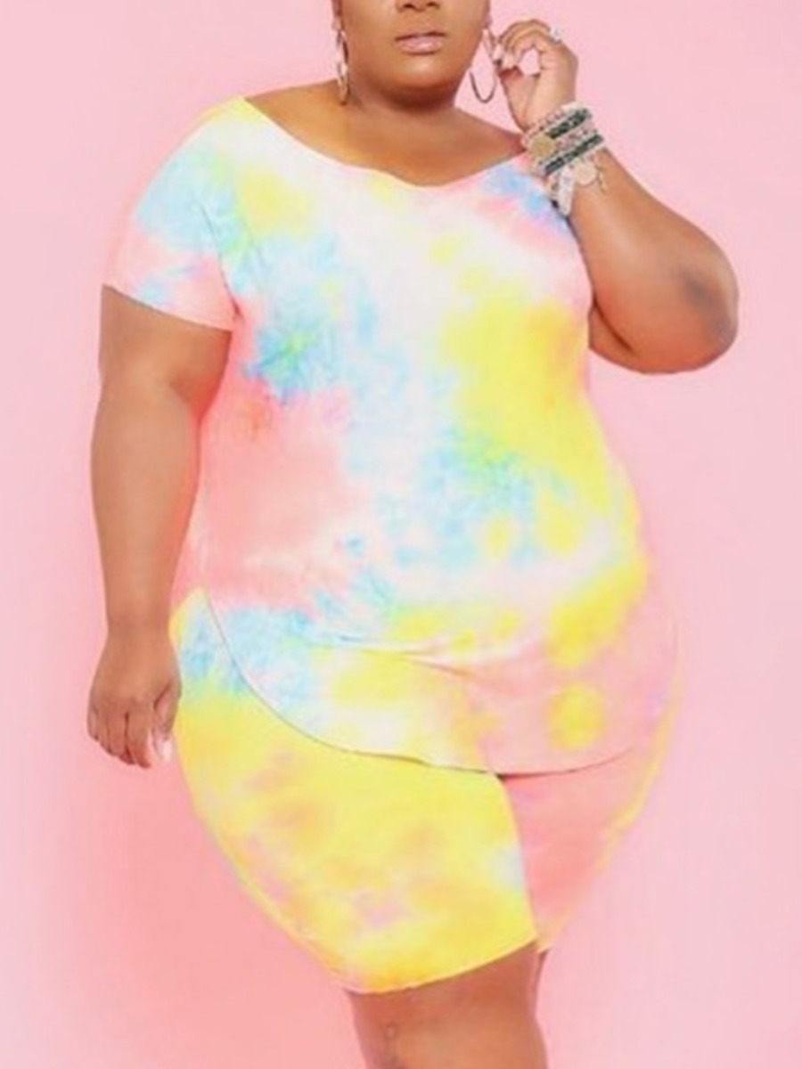 

Lovely Plus Size Casual V Neck Tie-dye Yellow Two-piece Shorts Set