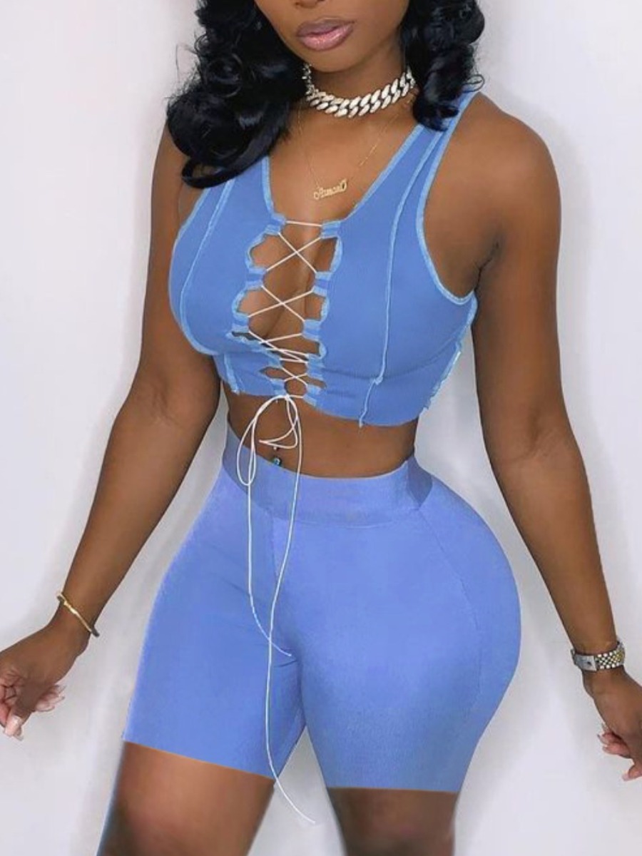 

Lovely Street Bandage Hollow-out Design Blue Two Piece Shorts Set