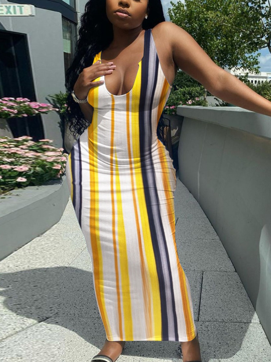 

LW SXY Street U Neck Striped Yellow Ankle Length Dress
