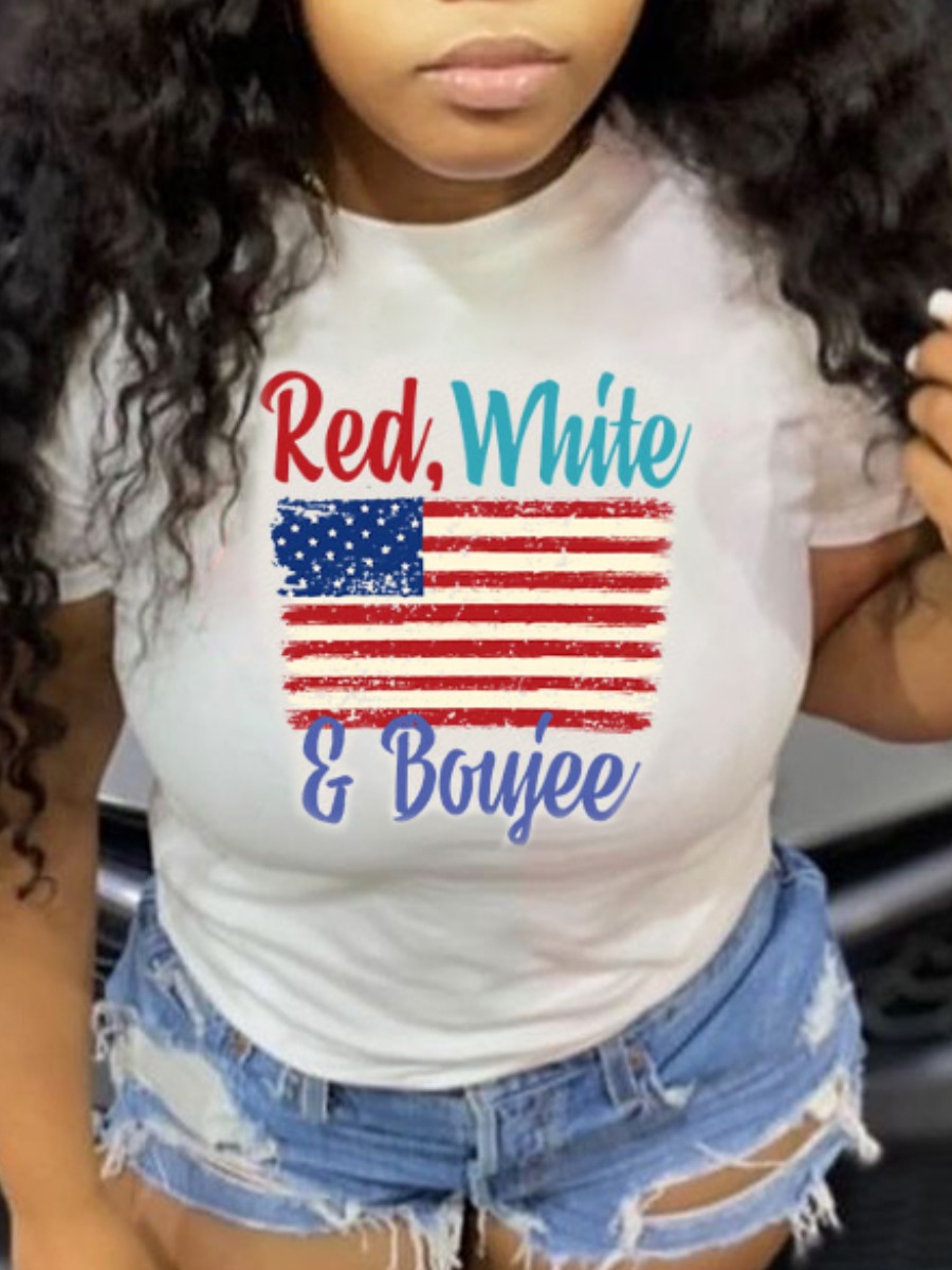 

LW Casual American Flag Letter Print White T-shirt