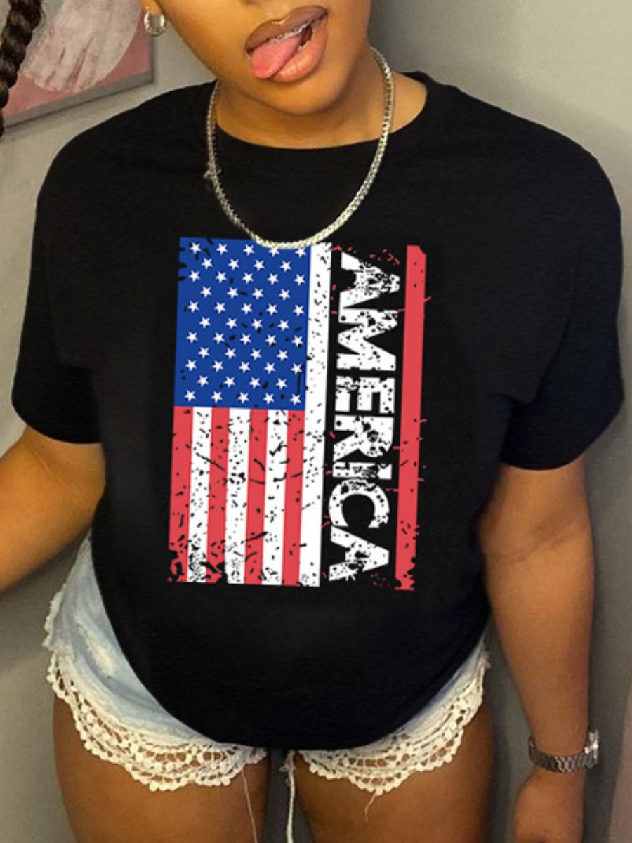 

Lovely Casual American Flag Letter Print Black T-shirt